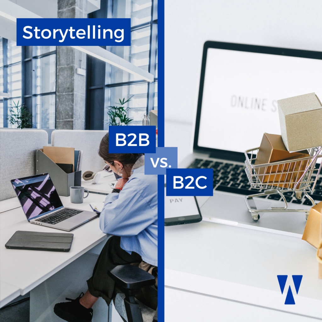 Das Bild zeigt eine Gegenüberstellung zwischen B2B (Business-to-Business) und B2C (Business-to-Consumer) im Zusammenhang mit Storytelling. Auf der linken Seite des Bildes sitzt eine Person in einem Büro vor einem Laptop (symbolisch für B2B), während die rechte Seite einen Laptop zeigt, auf dem eine Online-Shop-Seite geöffnet ist, begleitet von einem Miniatur-Einkaufswagen voller Pakete (symbolisch für B2C).